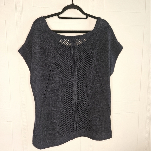 Eloqui Navy Cotton Blend Crochet Knit Drop Short Sleeve T-shirt Plus Size 18/20 - Picture 2 of 10